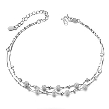 SHEGRACE 925 Sterling Silver Anklet, with Box Chains and Textured Round Beads, Platinum, 8-1/4 inch(21cm)
