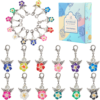 Flower Polymer Clay Pendant Locking Stitch Markers, with Alloy Lobster Claw Clasps, Mixed Color, 46mm, 12pcs/set