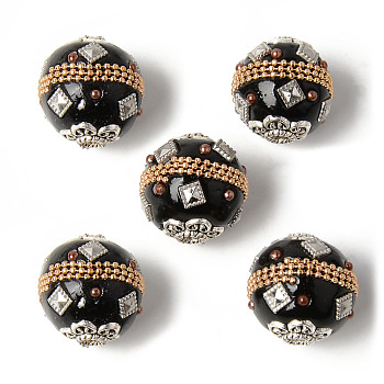 Handmade Indonesia Round Beads, with Glass Cabochons and Antique Silver Metal Color Double Alloy Cores, Black, 19~20mm, Hole: 3mm