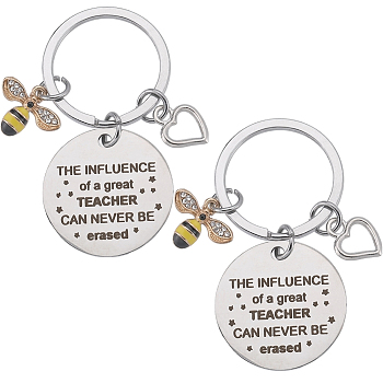 Teachers' Day Alloy Enamel Bee Pendant Keychain, with 304 Stainless Steel Flat Round with Word and Heart Charm, with Iron Key Ring, Mixed Color, 6.15cm