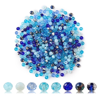 500Pcs Electroplat Opaque Glass Beads, Half Rainbow Plated, Faceted, Rondelle, Blue, 4x3mm, Hole: 0.4mm