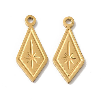 Manual Polishing 304 Stainless Steel Charms, Rhombus with Star Charm, Real 18K Gold Plated, 14.5x6.5x1mm, Hole: 1mm