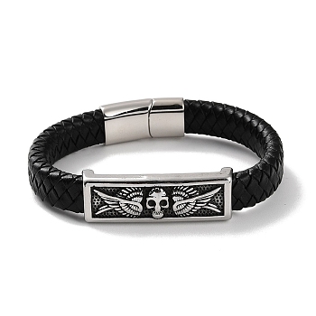 Men's Braided Black PU Leather Cord Bracelets, Rectangle with Skull Wing 304 Stainless Steel Link Bracelets with Magnetic Clasps, Antique Silver, 8-5/8 inch(21.9cm)