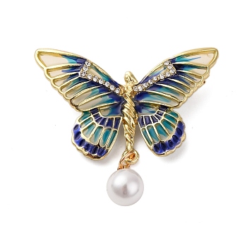 Alloy Brooches, Butterfly Enamel Pins with Imitation Pearl Beads, Golden, Colorful, 46x49mm