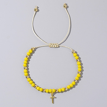 Bohemian Style Glass Braided Bead Bracelets for Women, Cross, Yellow