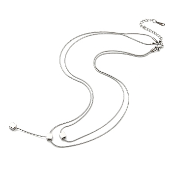 304 Stainless Steel Round Snake Chains Double Layer Necklaces, Cube Pendant Necklace, Stainless Steel Color, 16.22 inch(41.2cm)