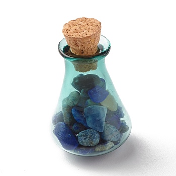 Glass Wishing Bottle Decorations, with Gemstone Chips Inside and Cork Stopper, Dark Cyan, 26.5x17.5mm