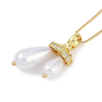 Rack Plating Brass Micro Pave Clear Cubic Zirconia Teardrop Pendant Box Chain Necklaces, with ABS Imitation Pearl Beads, Cadmium Free & Lead Free, Long-Lasting Plated, Real 18K Gold Plated, 19.29 inch(49cm)