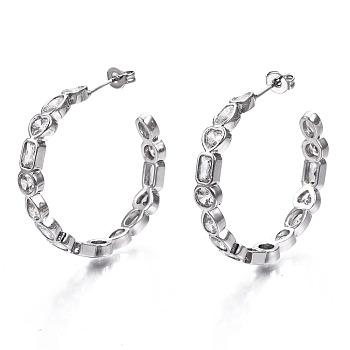 Brass Micro Pave Clear Cubic Zirconia Half Hoop Earrings, Stud Earrings, with Ear Nuts, Nickel Free, Ring, Platinum, 33.5x5.5mm, Pin: 1mm
