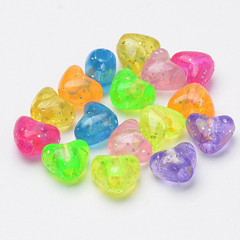 Transparent Acrylic Beads, Glitter Beads, Heart, Mixed Color, 9x11.5x7.5mm, Hole: 3.5mm, about 1385pcs/500g