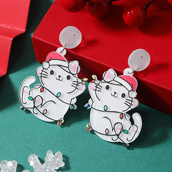 Festive Christmas Acrylic Stud Earrings for Holiday Season Celebration, Platinum, Left and Right, White