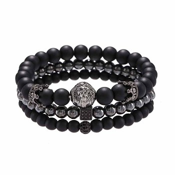 Fashion Retro Black Matte Bracelet Set with Zircon Crown, Diamond Ball, Dice, Lion Head Bracelet