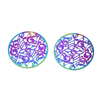 Ion Plating(IP) 201 Stainless Steel Filigree Cabochons, Etched Metal Embellishments, Musical Note, Rainbow Color, 35x0.2mm