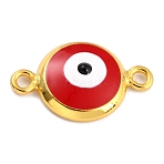 Golden Plated Brass Enamel Links Connectors, Cadmium Free & Lead Free, Long-Lasting Plated, Flat Round with Evil Eye, Red, 16x10x3.5mm, Hole: 1.5mm(KK-P197-01A-G03)