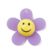 Frosted Translucent Acrylic Pendants, Sunflower with Smiling Face Charm, Medium Purple, 29x30x9mm, Hole: 1.8mm(OACR-P012-C07)