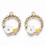 Alloy Enamel Pendants, with Crystal Rhinestone and Resin, Cadmium Free & Lead Free, Ring with Flower & Butterfly, Light Gold, White, 22x17.5x4.5mm, Hole: 1.6mm(ENAM-S126-003B-RS)