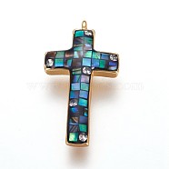 Brass Enamel Pendants, with Freshwater Shell and Micro Pave Cubic Zirconia, Cross, Golden, Black, 24.5x13x3mm, Hole: 1.2mm(KK-E764-02B-G)