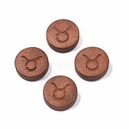 Laser Engraved Wood Beads, Flat Round with 12 Constellations, Dyed, Camel, Taurus, 12x4mm, Hole: 1.6mm(WOOD-S053-53F)