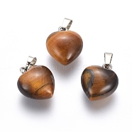 Natural Tiger Eye Pendants, with Platinum Tone Brass Findings, Heart, 18x15x10mm, Hole: 5x7mm(G-J386-H08)