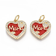 Real 16K Gold Plated Brass Micro Pave Clear Cubic Zirconia Charms, with Jump Rings and Enamel, for Mother's Day, Nickel Free, Heart with Word MaMa, Red, 14.5x14x2mm, Jump Ring: 5x0.8mm, 3.4mm inner diameter(ZIRC-S067-193A-NF)