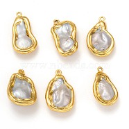 Natural Baroque Pearl Pendants, with Golden Brass Findings, Nuggets, Seashell Color, 28.5~34x16~19x9~11.5mm, Hole: 1.5~1.8mm(KK-H745-02G)