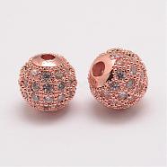 Brass Micro Pave Cubic Zirconia Beads, Round, Rose Gold, 8.5x8mm, Hole: 1.5mm(ZIRC-E110-05RG)