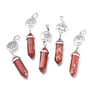 Natural Red Jasper Pointed Big Pendants, Double Terminated Pointed, with Platinum Plated Brass Findings, Faceted, Bullet, 59~67x14~15mm, Hole: 7x5mm, Gemstone: 41~44x8mm(G-D0021-01P-07)