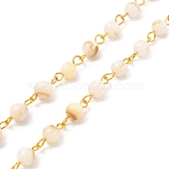 Handmade Chains. Natural Freshwater Shell Round Bead Chain, with Iron Eye Pin, Golden, 1000mm(AJEW-JB01084-01)