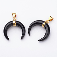 Natural Black Agate Pendants, with Golden Tone Brass Findings, Double Horn/Crescent Moon, 35x32x10mm, Hole: 4.5x8mm(G-D859-01C)