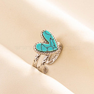 Titanium Steel Heart Cuff Rings, Love Design Synthetic Turquoise Open Ring for Women Men(QJ7925-3)