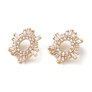 Pink Cubic Zirconia Sun Stud Earrings, Rack Plating Brass Earrings for Women, Lead Free & Cadmium Free, Real 18K Gold Plated, 26x24.5mm(EJEW-Z019-24A-G)