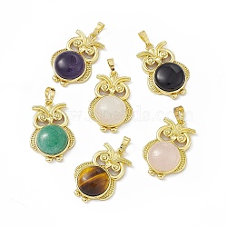 Natural Mixed Gemstone Pendants, Owl Charms, with Golden Tone Rack Plating Brass Findings, Cadmium Free & Lead Free, 35x23.5x9mm, Hole: 8x4.5mm(G-H283-03)