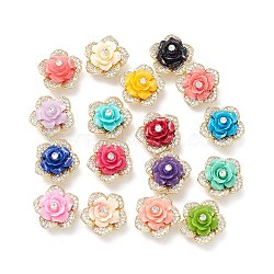 Brass Micro Pave Cubic Zirconia Beads, with Grade A Rhinestone & Resin, Lead Free & Cadmium Free, Long-Lasting Plated, Real 18K Gold Plated, Flower, Mixed Color, 18x11mm, Hole: 1mm(KK-M241-02)