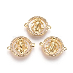 Brass Micro Pave Cubic Zirconia Links connectors, with Shell, Flat Round with Virgin Mary, Clear, Golden, 15x20x3mm, Hole: 1.2mm(KK-I656-37G)