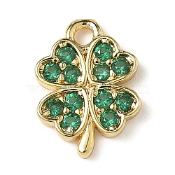 Brass Micro Pave Cubic Zirconia Charms, Clover, Rack Plating, Long-Lasting Plated, Cadmium Free & Lead Free, Real 18K Gold Plated, 11x8x1.5mm, Hole: 1.2mm(X-KK-I276-44G)