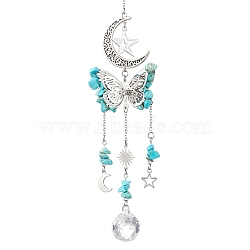 Alloy Hollow Moon Butterfly Hanging Ornaments, Synthetic Turquoise Chip & Glass Round Tassel Suncatchers for Home Garden Decorations, 270mm(HJEW-TA00173-02)