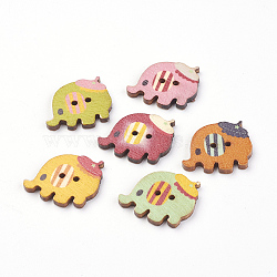 2-Hole Printed Wooden Buttons, Elephant, Mixed Color, 21x24x2.5mm, Hole: 1.5mm(X-WOOD-S037-007)