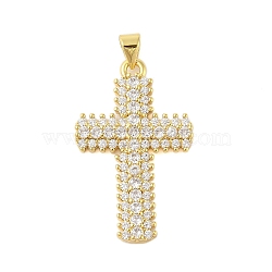 Rack Plating Brass Micro Pave Cubic Zirconia Pendants, Cadmium Free & Lead Free, Long-Lasting Plated, Cross, Real 18K Gold Plated, White, 32x20x4mm, Hole: 4x3mm(KK-S380-39D-G)