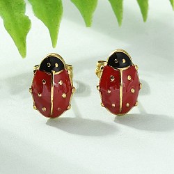 304 Stainless Steel Enamel Stud Earrings, Ion Plating(IP), Ladybird, Golden, Red, 10.5x7mm(EJEW-S259-01B-G)