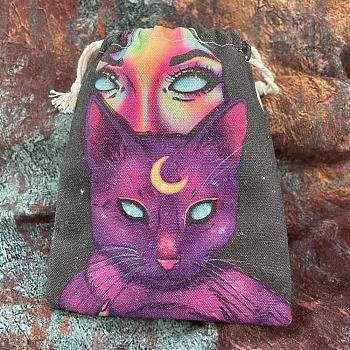 Tarot Theme Canvas Cloth Packing Pouches Drawstring Bags, Rectangle, Cat Pattern, 15~18x13~14cm