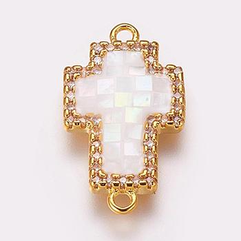 Brass Micro Pave Cubic Zirconia Links, with Freshwater Shell, Cross, Golden, 20x12x2.5mm, Hole: 1mm