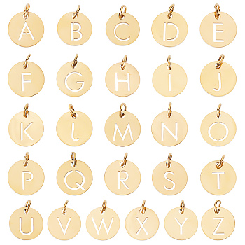 26Pcs 26 Style 304 Stainless Steel Charms, Flat Round with Letter A`Z, Golden, 12x1mm, Hole: 2.5mm, 1pc/style