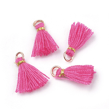 Polycotton(Polyester Cotton) Tassel Pendant Decorations, Mini Tassel, with Iron Findings and Metallic Cord, Light Gold, Hot Pink, 10~15x2~3mm, Hole: 1.5mm