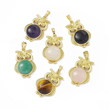 Natural Mixed Gemstone Pendants, Owl Charms, with Golden Tone Rack Plating Brass Findings, Cadmium Free & Lead Free, 35x23.5x9mm, Hole: 8x4.5mm