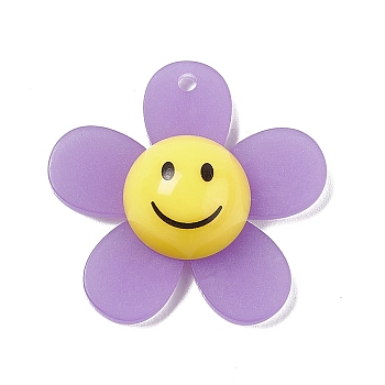 Frosted Translucent Acrylic Pendants, Sunflower with Smiling Face Charm, Medium Purple, 29x30x9mm, Hole: 1.8mm
