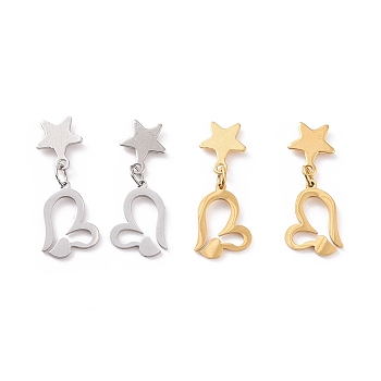 Valentine's Day Heart with Star 304 Stainless Steel Dangle Stud Earrings for Women, Mixed Color, 25.5mm, Pin: 0.8mm