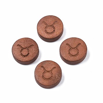 Laser Engraved Wood Beads, Flat Round with 12 Constellations, Dyed, Camel, Taurus, 12x4mm, Hole: 1.6mm