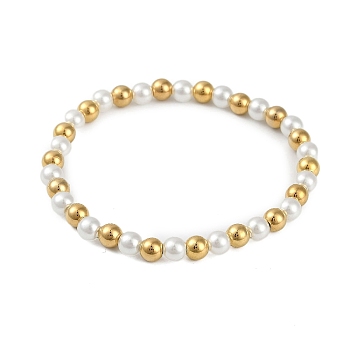 Ion Plating(IP) 304 Stainless Steel & Plastic Pearl Round Beaded Bracelets for Women, Golden, 2-1/4 inch(5.85cm)