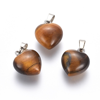 Natural Tiger Eye Pendants, with Platinum Tone Brass Findings, Heart, 18x15x10mm, Hole: 5x7mm