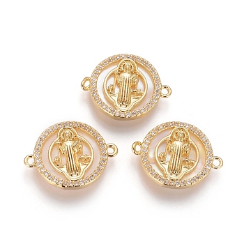 Brass Micro Pave Cubic Zirconia Links connectors, with Shell, Flat Round with Virgin Mary, Clear, Golden, 15x20x3mm, Hole: 1.2mm